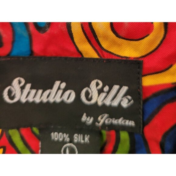 Vintage 90s 100% Silk Blouse L Long Sleeve Button Mod Red Psychedelic - Picture 13 of 16
